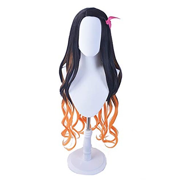 Beauty & Hair Wigs & Hair Pieces | long wavy black and orange wig with gag ribbon fangs for women and girls (kamado nezuko) - EL