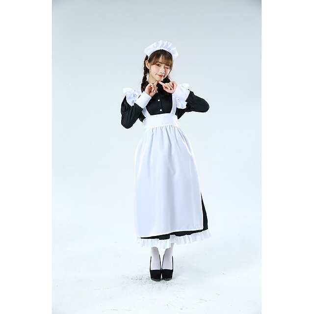  Maid Costume Outfits Bib Apron Dress Career Costumes Women's Cotton Costume Black with White Vintage Cosplay Long Sleeve Tea Length / Headwear / Headwear