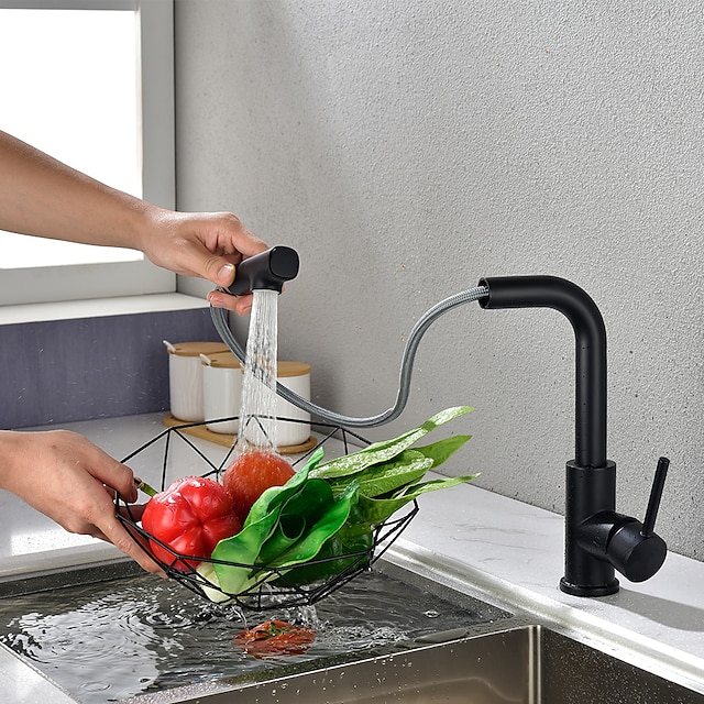  kjøkkenvask armatur svart enkelthåndtak ett hull galvanisert uttrekkbar/nedtrekkbar sentersett moderne kjøkkenkraner med strøm- og dusjmodus