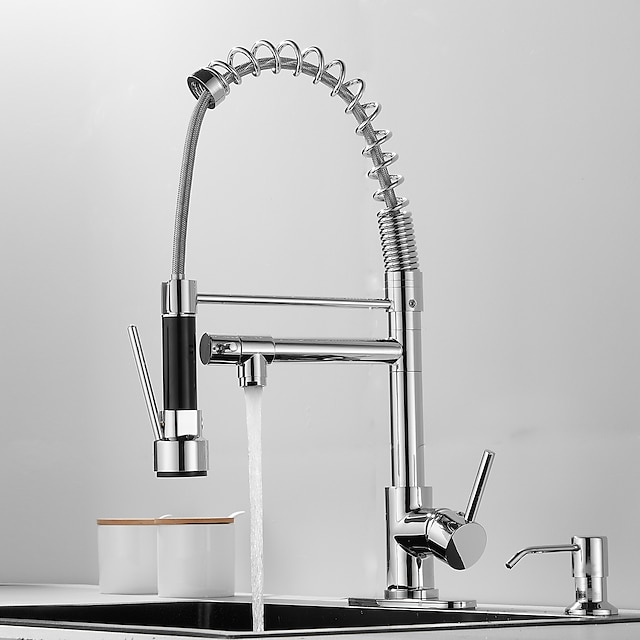  robinet de bucătărie cu pulverizator extractibil și seturi de dozator de săpun cu un singur mâner, două orificii, scobit/rotitiv/multifuncțional, robinet de bucătărie din alamă înalt-arc înalt montat