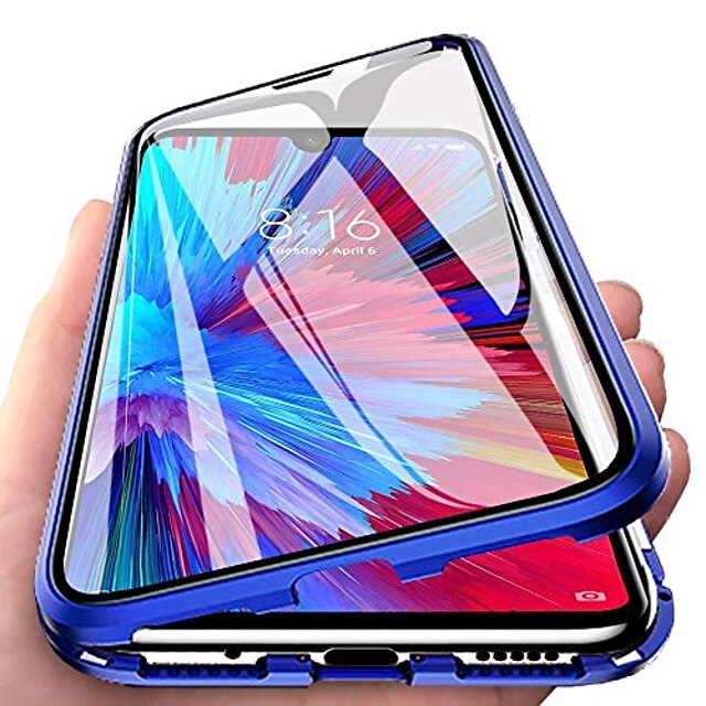  eabhulie redmi note 7 case, 360° full body transparent tempered glass with magnetic adsorption metal bumper case cover for xiaomi redmi note 7 pro blue