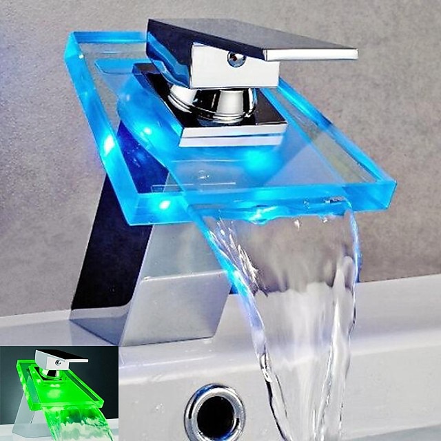  vattenfall handfat blandare krom, LED-blandare lampor färgskiftande batteridriven, enkelhåls handfatskranar med ett handtag, tvättrumsblandare i mässing med pip i glas