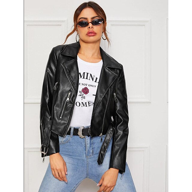 Mujer Un Color Otoño invierno Solapa de Pico Chaqueta de cuero Regular  Noche Manga Larga Cuero Artificial Abrigo Tops Negro 8310594 2022 – €54.99