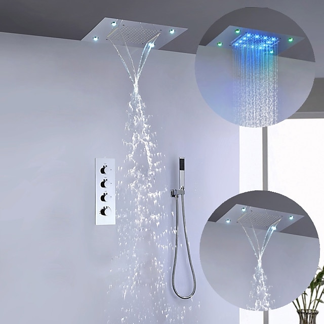  Robinet de douche, ensembles de robinets de douche à led chromés 500 * 360 avec pommeau de douche en acier inoxydable et pommeau de douche à cascade / jet / pluie monté au plafond (le produit doit