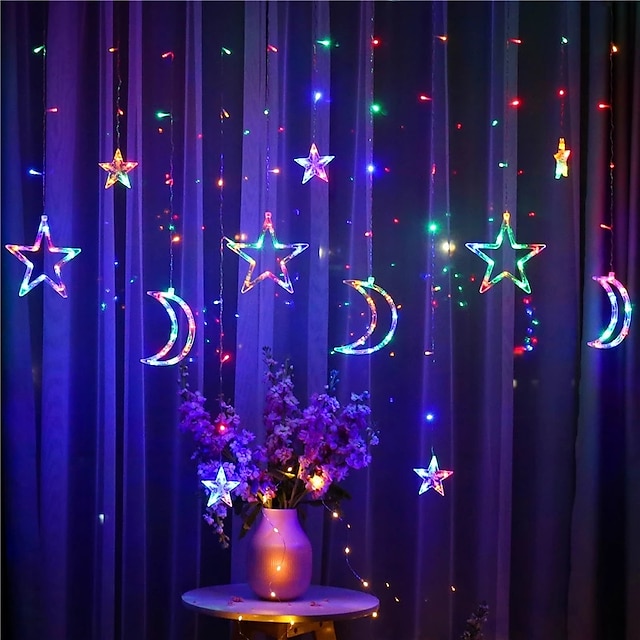 Star Moon LED Curtain Fairy String Light Bedroom Colorful Night Lamp Xmas Decor 