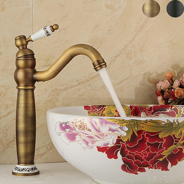  Bathroom Sink Faucet,Antique Brass Retro Style Ceramic Handle Single Handle Bath Taps with Hot and Cold Switch