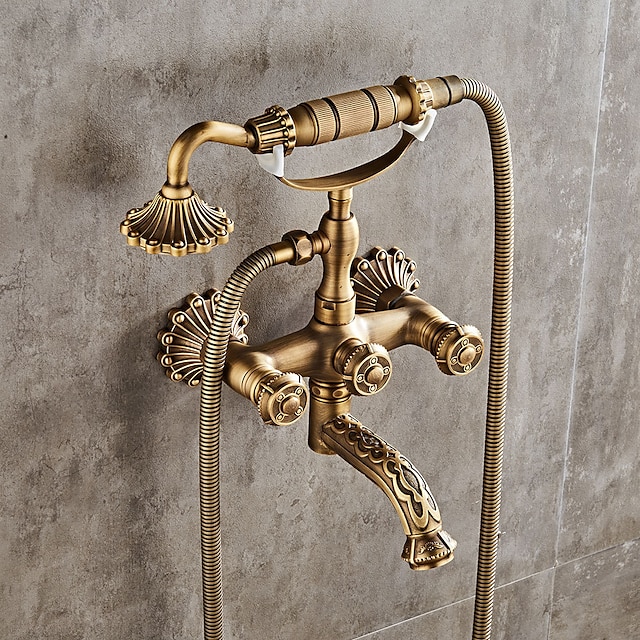  Industrial Style Shower Faucet Set Handshower Included pullout Vintage Style / Country Antique Brass Mount Outside Ceramic Valve Bath Shower Mixer Taps / Yes / Yes / Yes