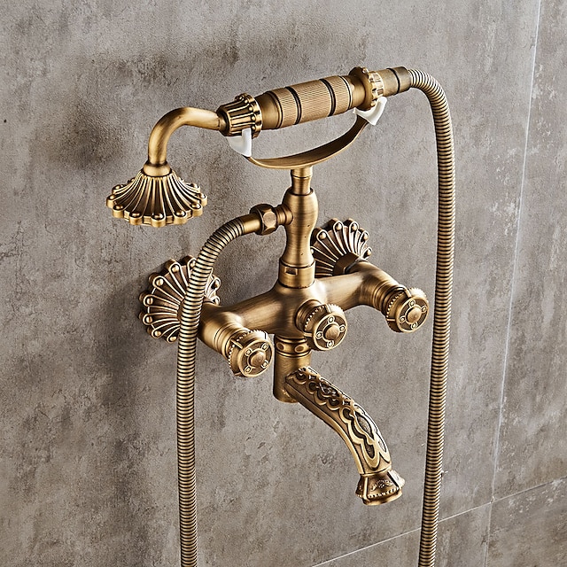 Vintage Shower System Faucet Set Wall Mounted, 360 Swivel Antique Brass Bathroom Shower Head Facuet Kit with Handheld Shower Head Sprayer Ceramic Valve Bath Mixer Tap 7