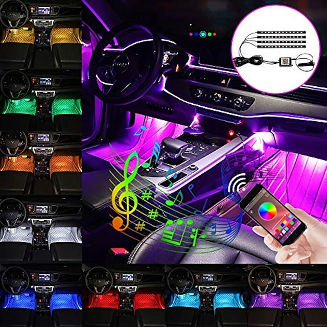 4Pcs 48LED Multi-color Music Atmosphere LED Interior Under Dash Lighting APP Control with Sound Active Function Car LED Strip Lights
