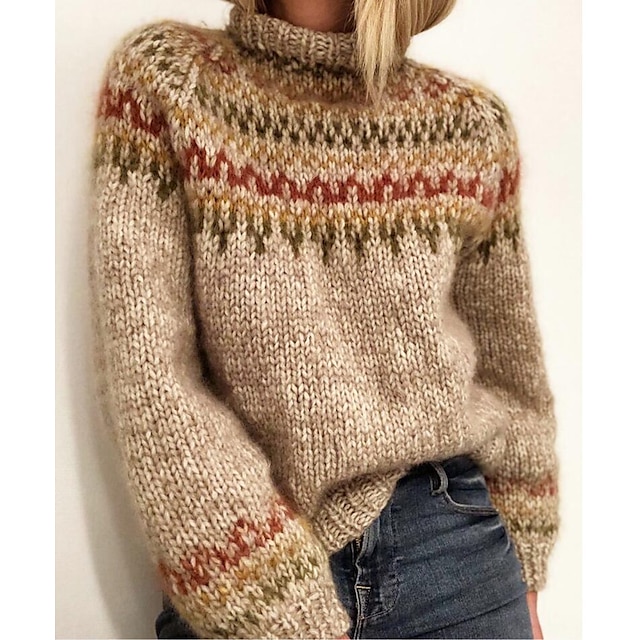  Women's Sweater Pullover Jumper Knitted Color Block Geometric Stylish Basic Casual Long Sleeve Regular Fit Sweater Cardigans Crew Neck Fall Winter Gray Beige / Holiday