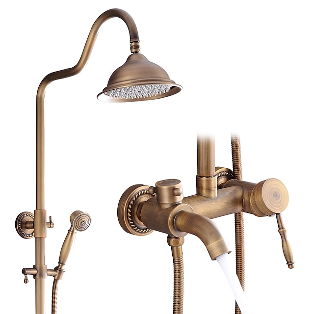  Shower Faucet,Shower System Set - Handshower Included pullout Waterfall Vintage Style / Country Antique Brass Mount Outside Ceramic Valve Bath Shower Mixer Taps