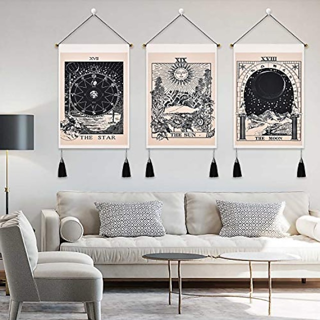  Boho Pack of 3 Tarot Divination Woven Bohemian Wall Tapestry Art Decor Blanket Curtain Hanging Home Bedroom Living Room Decoration Nordic Cotton Linen Tassel Moon Stars Sun 14“ x 20“