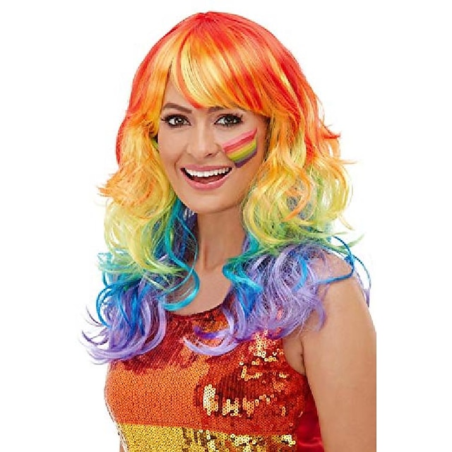  peruca cosplay ondulada parte do meio peruca longa multicolorida cabelo sintético design da moda feminina cor misturada fãs de futebol perucas peruca de halloween