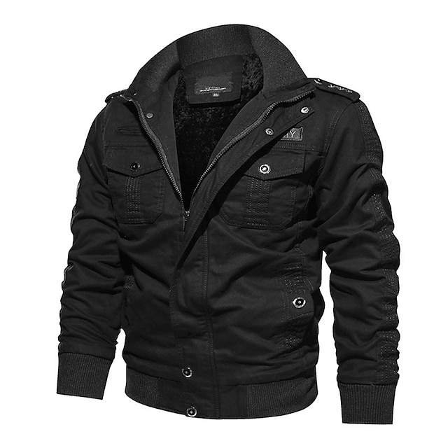 Mens Clothing Mens Outerwear | mens winter military jacket casual fleece coat stand collarcargo bomber jacket black s - OA30376