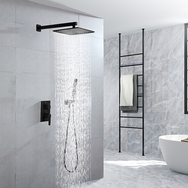  10 Inch Black Shower Faucets Sets Complete with Rainfall Shower Head Ceiling Mounted Shower Head System(Contain Shower Faucet Rough-in Valve Body and Trim)