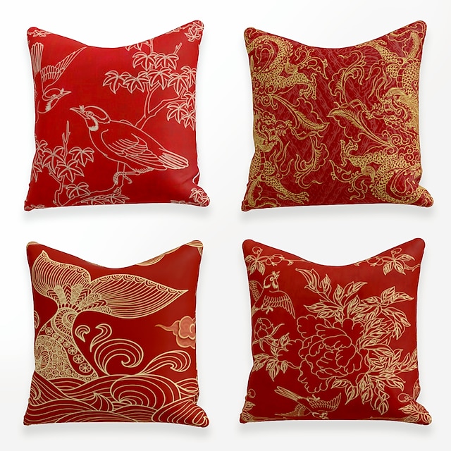  Chinese Style Red Gold Cushion Cover 4PCS Soft Square Throw Pillow Cover Faux Linen Cushion Case Pillowcase for Sofa Bedroom 45 x 45 cm (18 x 18 Inch) Superior Quality Mashine Washable
