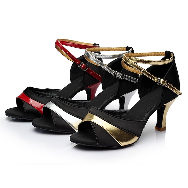  Női Latin cipő Teljesítmény Gyakorlat Szatén Magassarkúk Kubai sarok Fekete és arany Fekete és ezüst Fekete / Piros