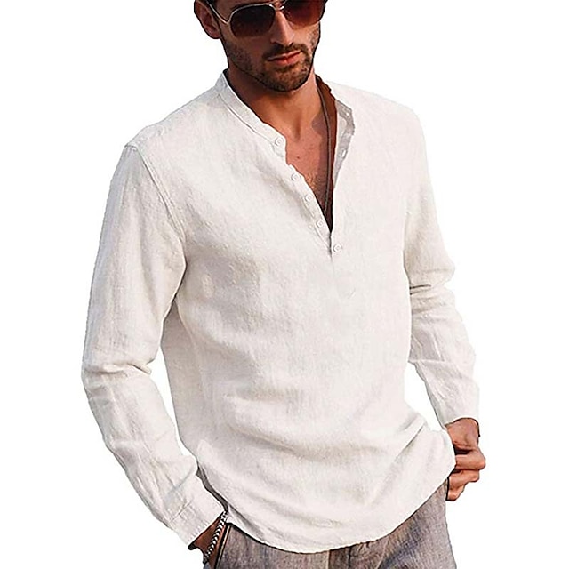  رجالي قميص قميص كتان قميص صيفي قميص الشاطئ أسود أبيض كاكي كم طويل لون الصلبة قبة شارع مناسب للبس اليومي ملابس