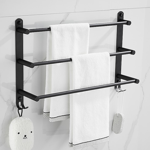  Wall Mounted Towel Rack with Hooks,Stainless Steel 3-TierTowel Holder Storage Shelf for Bathroom 40cm~70cm Towel Bar Towel Rail Towel Hanger(Matte Black)