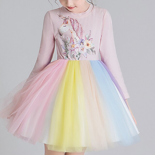  Kids Girls' Dress Cartoon Long Sleeve Mesh Active Cute Polyester Above Knee Tulle Dress Pink Blue