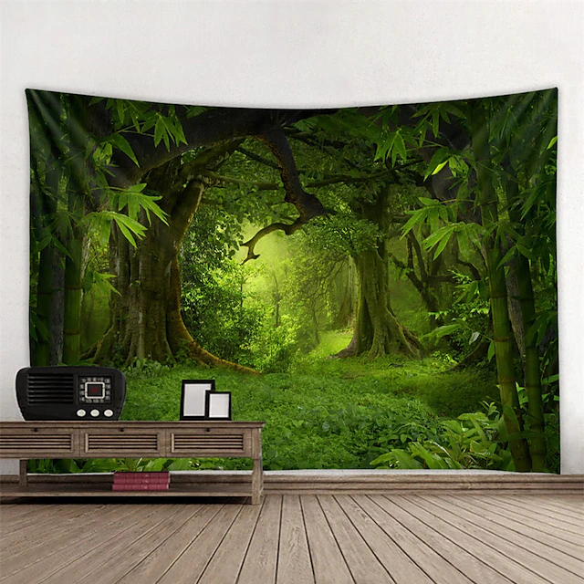 Large Wall Tapestry Art Decor Blanket Curtain Picnic Tablecloth Hanging Home Bedroom Living Room Dorm Decoration Polyester Modern Green Forest 10