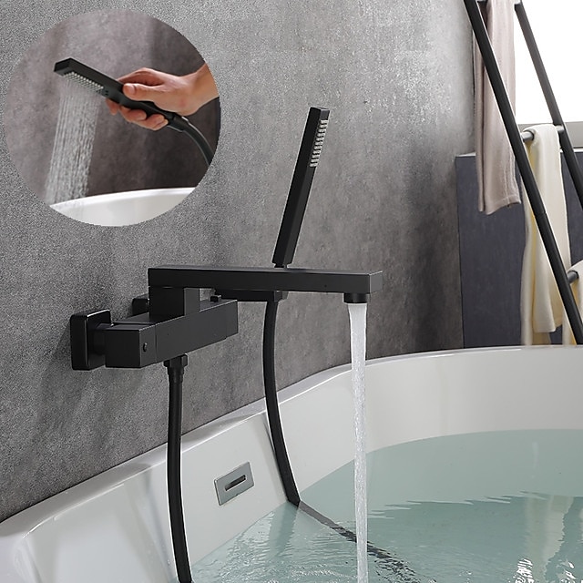 Bathtub Faucet With Switch Button，Black Painted Foldable Contemporary Bath Shower Mixer Taps with Handshower and Hot/Cold Water Switch