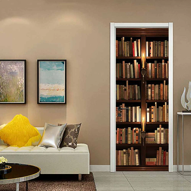 3D Bookcase Self-adhesive Waterproof Door Stickers Living Room DIY Home ...