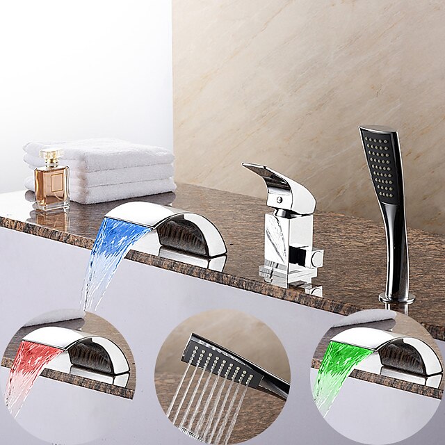  Roman Tub Bathtub Faucet,Contemporary Chrome  Ceramic Valve Single Handle Three Holes Bath Shower Mixer Taps with Zinc Alloy Pull-out Handle and Hot and Cold Switch