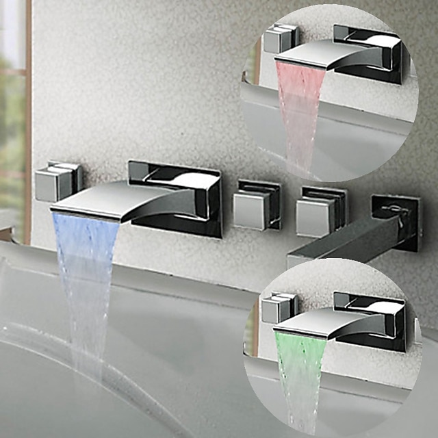  Waterfall Bathtub Faucet - Contemporary / Modern Style / LED Chrome Wall Mounted Brass Valve Bath Shower Mixer Taps / Three Handles Five Holes