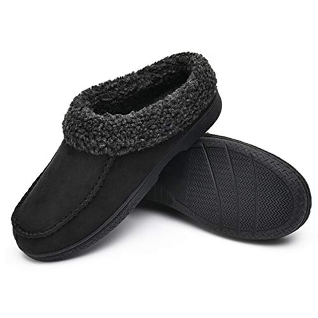  warm house slippers for men memory foam, winter cozy wool-like mens slippers indoor outdoor, slip-on comfy men's bedroom slippers non-slip, man breathable suede moccasin slippers size black