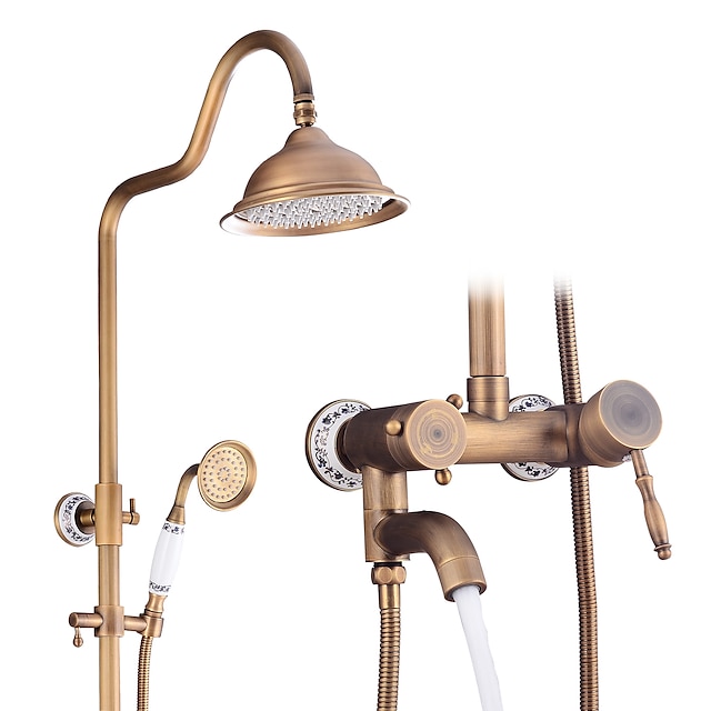  Shower Faucet,Shower System Set - Handshower Included pullout Waterfall Vintage Style / Country Antique Brass Mount Outside Ceramic Valve Bath Shower Mixer Taps