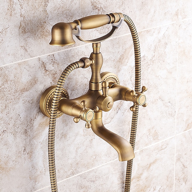  dusjkran sett messing med badekartut dusjsystem, 2 knotter håndtak telefonstil holdt hånd dusjhånd 1,5 m slange veggmontert kran