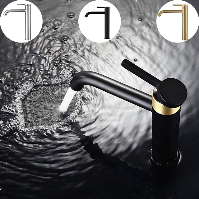  Bathroom Sink Mixer Faucet Tall, 360 Swivel Single Rotatable Handle Mono Basin Taps Deck Mounted, Washroom Monobloc Vessel Tap with Cold Hot Hose Chrome Golden Black