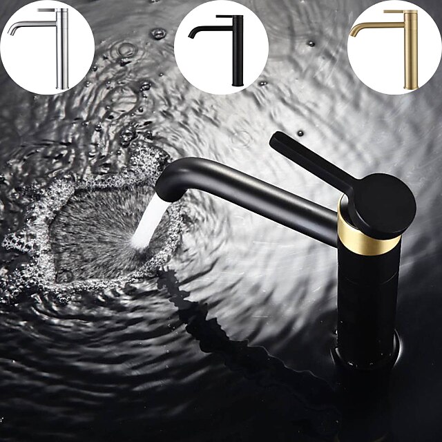 Bathroom Sink Mixer Faucet Tall, 360 Swivel Single Rotatable Handle Mono Basin Taps Deck Mounted, Washroom Monobloc Vessel Tap with Cold Hot Hose Chrome Golden Black 9