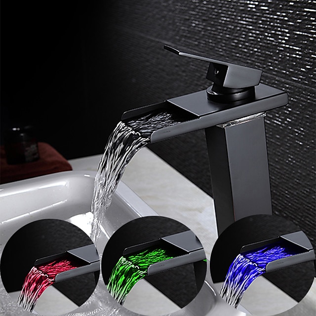  Bathroom Vessel Faucet Tall LED Waterfall Spout 3 Color Changes with Temperature, Sink Mixer Mono Basin Taps, Single Handle One Hole Brass Washroom Vessel Tap Deck Mounted