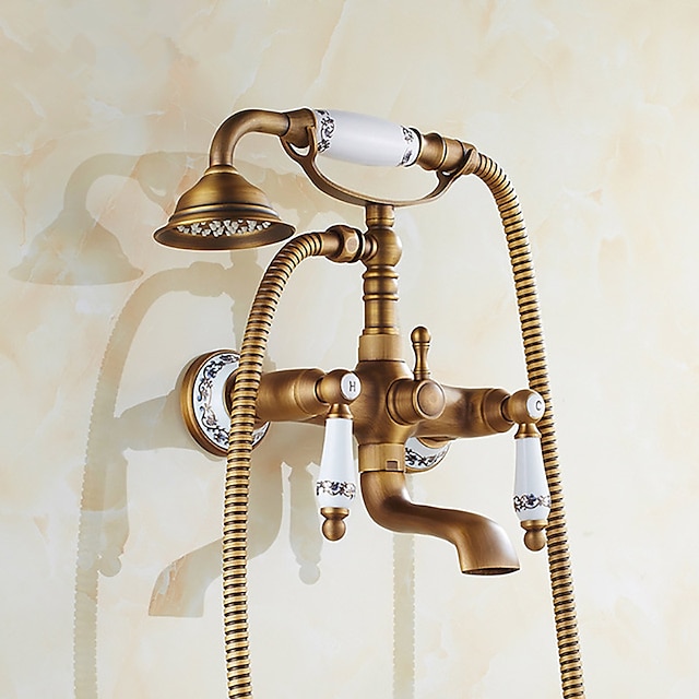  Set baterie de duș - duș cu efect de ploaie în stil vintage, montare din alamă antică, supapă ceramică, robinete de duș pentru baie
