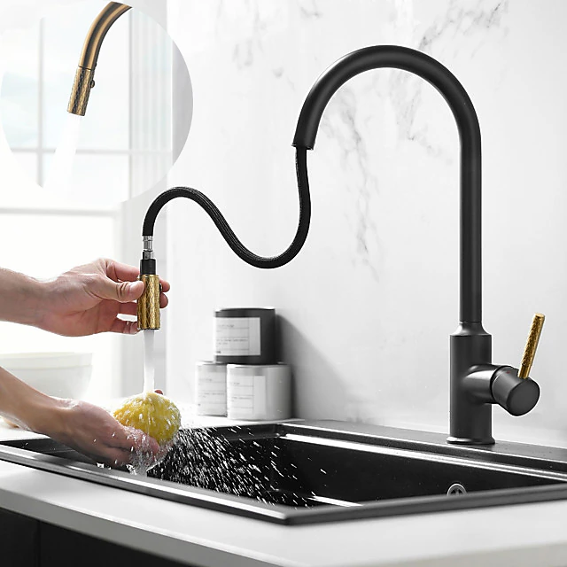 Kitchen Sink Mixer Faucet Pull Out, 360 swivel Single Lever Handle Brushed Solid Brass Taps Cold Hot Hose, One Hole with Pull Down Sprayer Black Gold Faucets 14