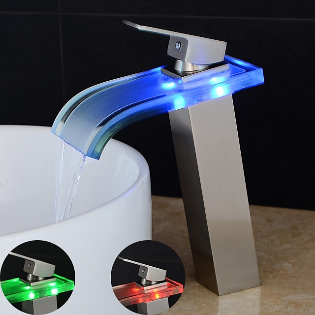 LED Waterfall Brushed Nickel Single Handle Bathroom Sink Faucet Basin Mixer Tap LED Waterfall Brushed Nickel Single Handle Bathroom Sink Faucet Basin Mixer Tap