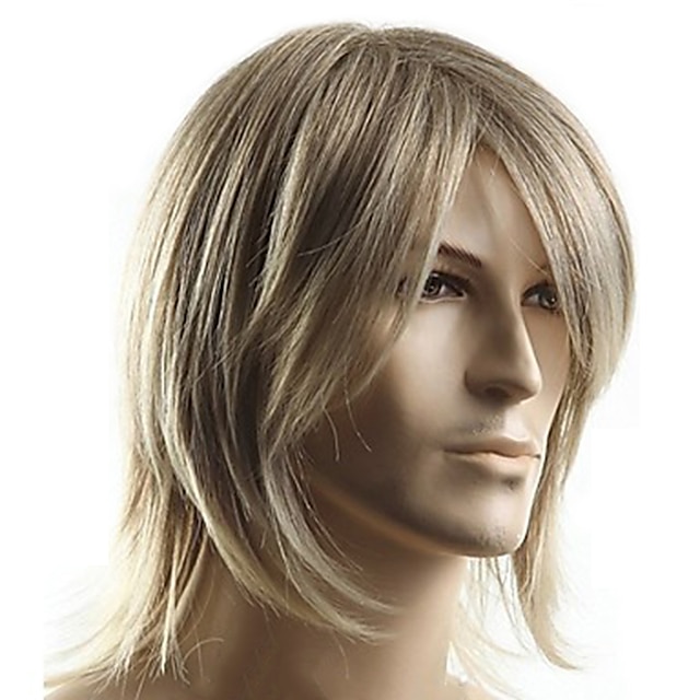  Blond peruki dla mężczyzn peruka syntetyczna tupeciki prosta część boczna peruka średniej długości blond włosy syntetyczne 14 cali męska część boczna blond hairjoy