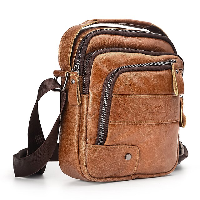 Men's Messenger Bag Shoulder Messenger Bag Crossbody Bag Cowhide Zipper Solid Color Textured Daily Outdoor Black Brown