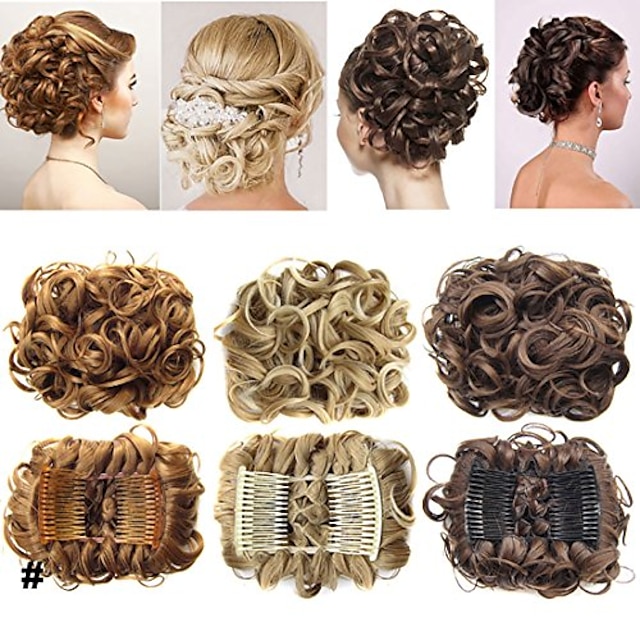  Short Messy Curly Dish Hair Bun Extension Easy Stretch Hair Combs Clip In Chignon Tray Ponytail Hairpieces - Dark Brown To Light Auburn