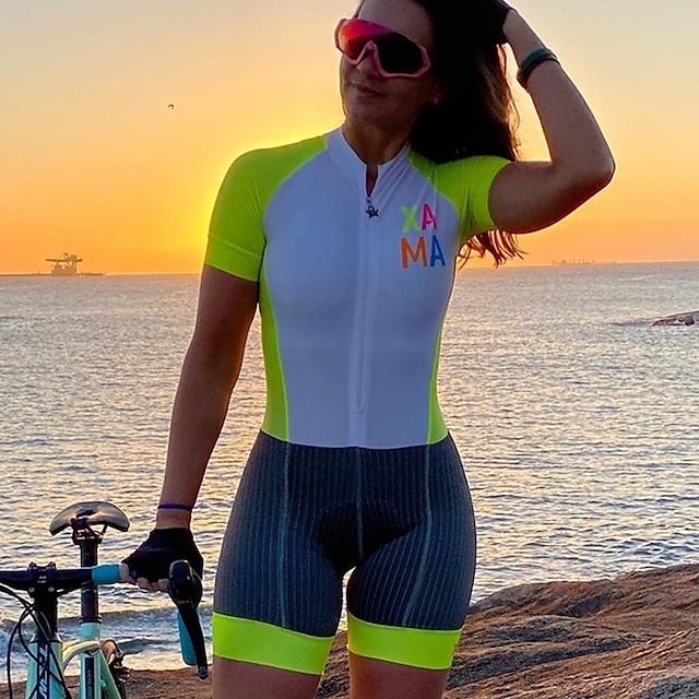  Γυναικεία Ολόσωμη στολή για τρίαθλο Κοντομάνικο Ποδηλασία Βουνού Ποδηλασία Δρόμου Λευκό Μαύρο Πράσινο Ποδήλατο Ρούχα σύνολα Αναπνέει Γρήγορο Στέγνωμα Πίσω τσέπη Σκούπισμα ιδρώτα Πολυεστέρας Αθλητισμός
