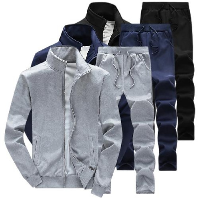  Men's Tracksuit Sweatsuit 2 Piece Full Zip Street Winter Long Sleeve Thermal Warm Breathable Moisture Wicking Fitness Running Active Training Sportswear Activewear Solid Colored White Black Light Grey