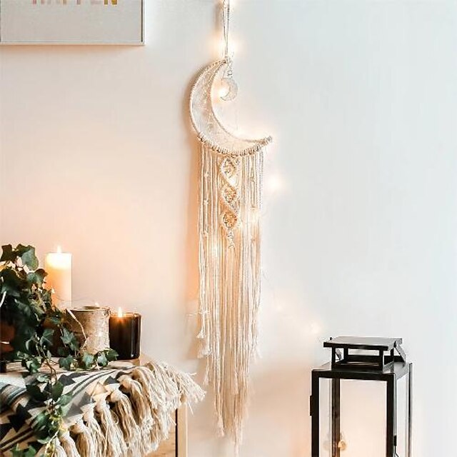  1pc LED Bohemian Chic Macrame Wall Hanging Tapestry Mandala Moon Dreamcatcher Wall Decor Boho Woven Knitted Tapestries Home Decoration