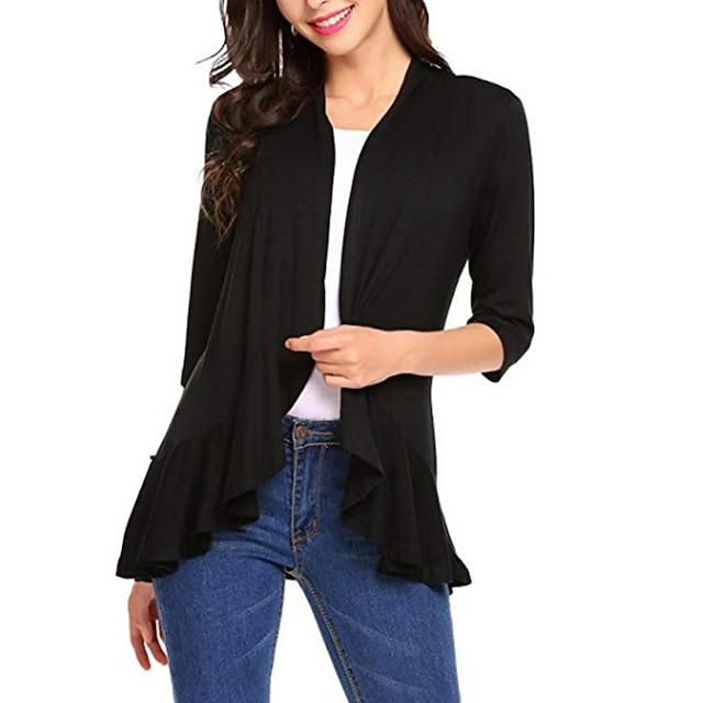 

Women's Shrug Ruffle Pure Color Stylish Casual Soft Long Sleeve 3/4 Length Sleeve Sweater Cardigans Cowl Spring Summer Black Purple Wine