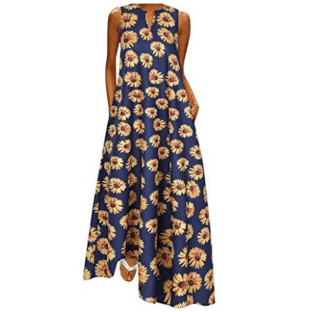 

Women's Swing Dress Maxi long Dress Black Navy Blue Sleeveless Sunflower Print Spring Summer Y Neck Basic Casual 2022 S M L XL 2XL 3XL 4XL 5XL