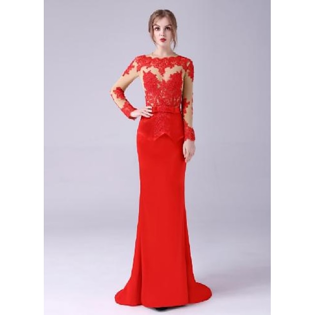  Mermaid / Trumpet Evening Gown Celebrity Style Dress Engagement Formal Evening Floor Length Long Sleeve Jewel Neck Stretch Satin with Sash / Ribbon Appliques 2023