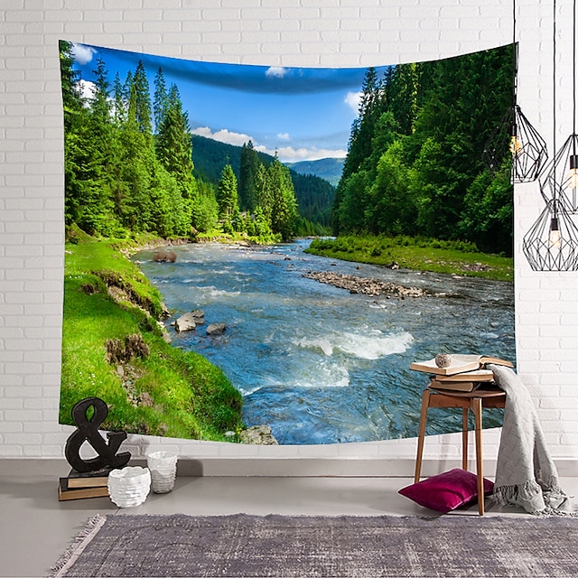 Large Wall Tapestry Art Decor Blanket Curtain Hanging Home Bedroom Living Room Decoration Hillside Green Trees Green Grass River Polyester 18