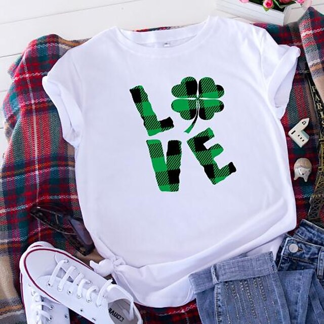  Women's T shirt Plaid Floral Letter Print Round Neck Tops 100% Cotton Basic Basic Top White Yellow Blushing Pink