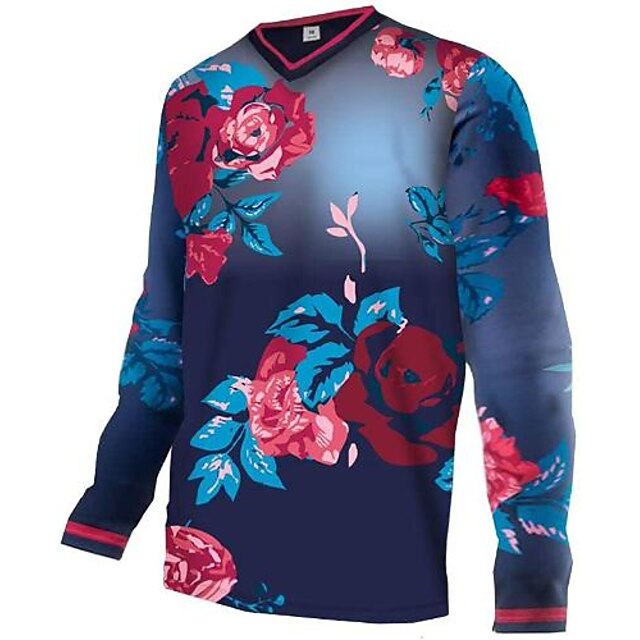  21Grams® Men's Long Sleeve Downhill Jersey Polyester Dark Navy Floral Botanical Funny Bike Jersey Top Mountain Bike MTB Road Bike Cycling UV Resistant Quick Dry Sports Clothing Apparel / Athletic